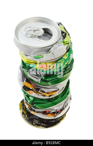 Stack of crushed cans ready for recycling on white background Stock Photo