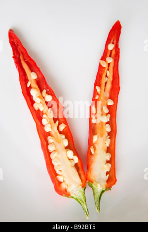 Red chilli pepper cut in two showing the internal membrane and seeds Stock Photo
