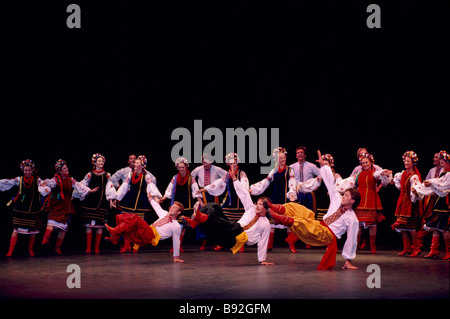 The Ukrainian Shumka Dancers from Edmonton Alberta Canada performing on Stage in Traditional Costume Stock Photo