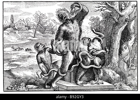 carivature laocoon old ape wanting a tail monkeys hairy village snake serpant wild neolithic Tiziano Vecelli or Tiziano Vecellio Stock Photo