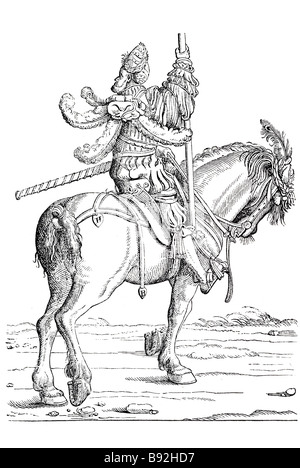 burgmair's mark soldier knight lord period dress riding horse traditional clothing banner emblem costume armour equine man Hans Stock Photo
