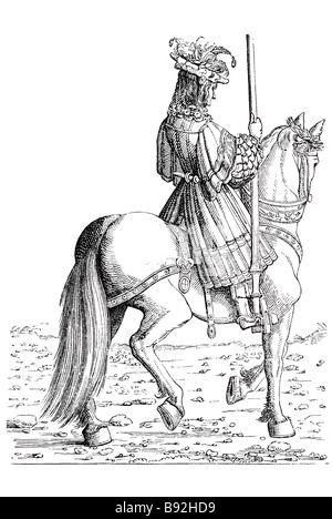 burgmair's mark soldier knight lord period dress riding horse traditional clothing banner emblem costume armour equine man Hans Stock Photo