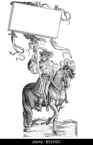 burgmair's mark soldier knight lord period dress riding horse traditional clothing banner emblem costume armour equine man Hans Stock Photo