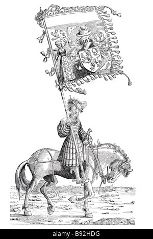 burgmair's mark soldier knight lord period dress riding horse traditional clothing banner emblem costume armour equine man Hans Stock Photo