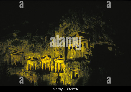 Lycean tombs illuminated at night Dalyan Turkey Stock Photo