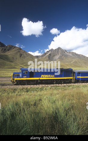 Orient Express owned Puno to Cusco train at La Raya pass (the highest point on the trip at 4335m), Peru Stock Photo