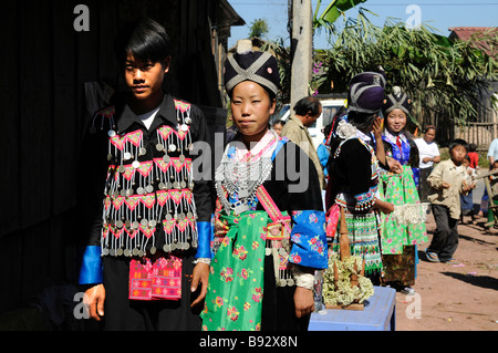 A Hmong bride and groom in traditional wedding clothes near Phou Khoun Laos Stock Photo