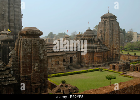 Lingaraj Temple, General-View from North-East, showing small temples and shrines in Lingaraj temple complex. Bhubaneshwar Orissa Stock Photo