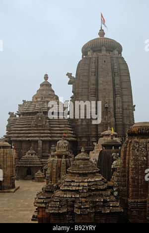 Lingaraj Temple, Main Temple and Jagamohana and subsidiary shrines in front. View from South. Bhubaneshwar, Orissa, India. Stock Photo