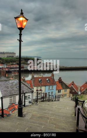 199 steps leading down to Whitby bay in North Yorkshire Stock Photo