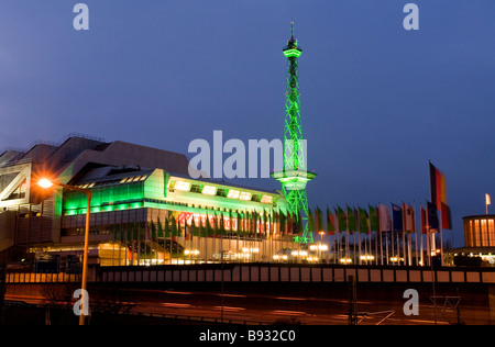 Berlin A special green illumination of the ICC and the old radio tower for the International Green Week Berlin 2008 at night Stock Photo