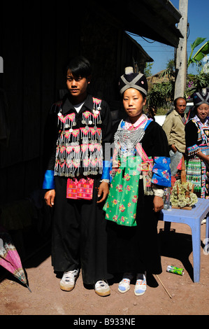 A Hmong bride and groom in traditional wedding clothes near Phou Khoun Laos Stock Photo