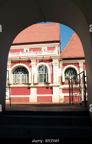 View of Mangueshi Temple of Goddess Shantadurga through arch entrance,Goa,India. Stock Photo