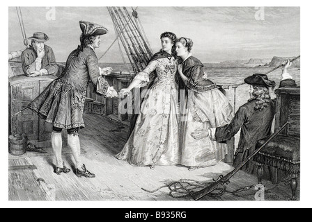 mimma taking the pistol from bunce to defend herself and her sister ship period dress sail women men rifle boat sea shore The Pi Stock Photo