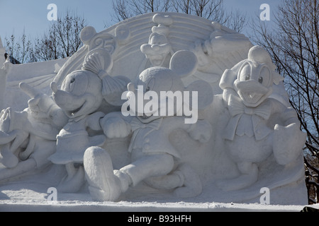 Sapporo Snow Festival Sculpture of Mickey, Minnie & Donald Stock Photo