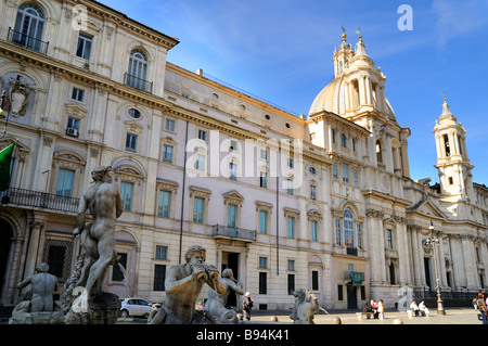 The Church of St Agnes in Agone and the Fountains of the Piazza Navona in Rome Italy Stock Photo