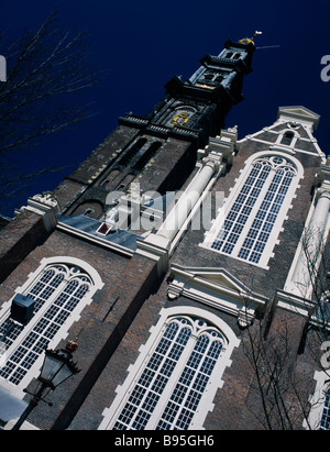 Netherlands, Noord Holland, Amsterdam, Westerkerk Church.  Angled view of exterior facade and tower. Stock Photo
