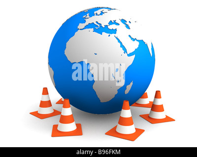 globe and traffic cones Stock Photo