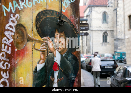 Mexican cafe advertising painted on wall in Prague. Stock Photo