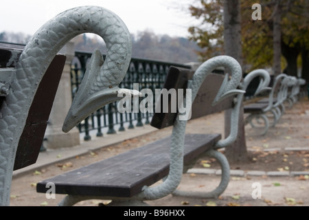 Bench details on embankment near Manes Bridge, Vltava river, Prague, Czech Republic. Stock Photo