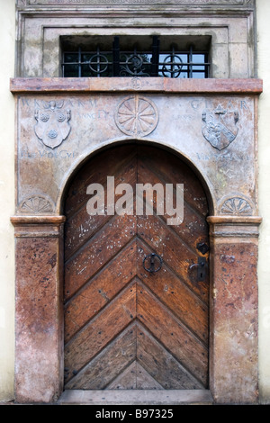 Old medieval house door view. Stock Photo