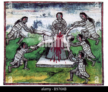 AZTEC HUMAN SACRIFICE shown in the Historia de las Indias by Diego Duran published in Madrid in 1579 Stock Photo