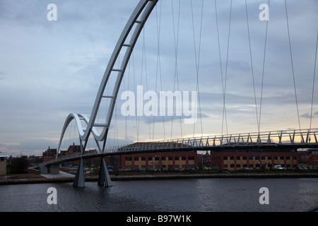 Infinity pedestrian and cycle bridge. Footbridge with mathematical asymmetrical arches in Thornaby-on-Tees, Middlesborough, Teesside. Stock Photo