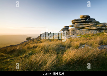 Granite tors in the late afternoon autumn sunlight on Stowe's Hill, Bodmin Moor, Cornwall Stock Photo