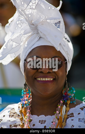 Baiana, a spiritual afro-brazilian woman from Salvador de Bahia in traditional costume. Stock Photo