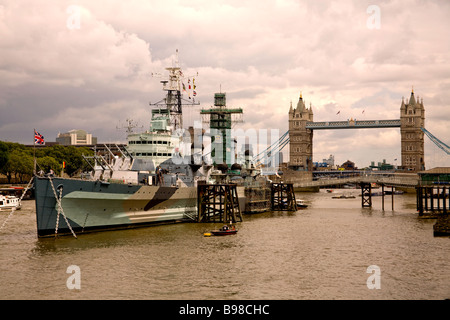 HMS Belfast by Tower Bridge from South Bank of the River Thames from City Hall, London, UK Stock Photo