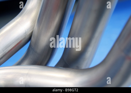 close up detail of exhaust pipes on sports racing motorbike at motor show Stock Photo