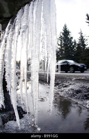 Icicles at roadside with car in backgound Stock Photo