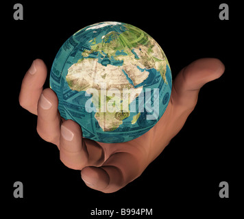 Hand holding the earth in outer space Conceptual image suggesting ecological concern conservation caring global awareness Stock Photo