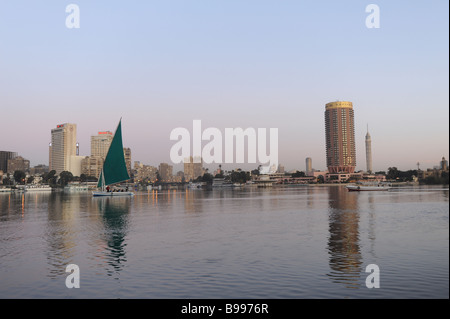 Egypt Cairo felucca sailboat on the Nile River at dawn Stock Photo