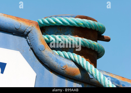 Rope coiled around boat rigging, extreme close-up Stock Photo