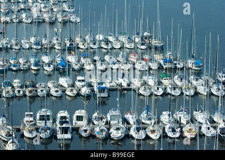 Boats moored in marina, Brittany, France