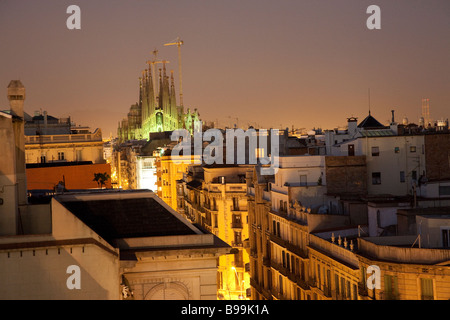 La Sagrada Familia, Roof terrace, El Pis de La Pedrera, Casa Mila, Antoni Gaudi, Barcelona Stock Photo