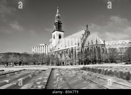 Neptun fountain berlin snow marien church germany Stock Photo