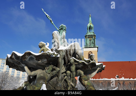 snow at Neptun fountain in Berlin center 2009 Stock Photo