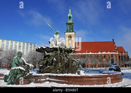 snow at Neptun fountain in Berlin center 2009 Stock Photo