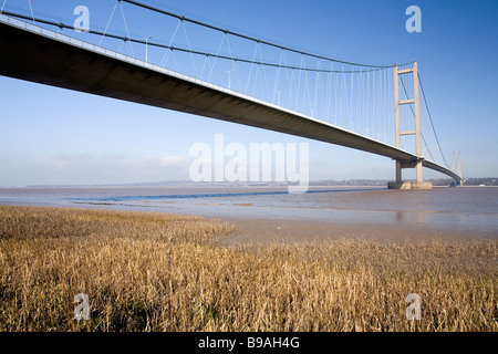 Humber Bridge crossing the river Humber between Kingston upon Hull and Barton upon Humber. Seen from the south. Stock Photo