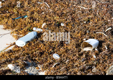 Trash and pollution is blown onto the beaches from the Gulf of Mexico. Stock Photo