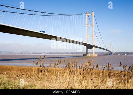 Humber Bridge crossing the river Humber between Kingston upon Hull and Barton upon Humber. Seen from the south. Stock Photo