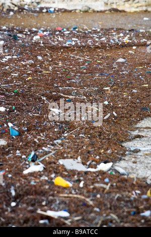 Trash and pollution is blown onto the beaches from the Gulf of Mexico. Stock Photo