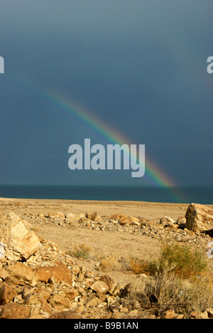 Rare rainbow over Dead Sea beside Highway 90 south to resort town of Ein Bokek Israel Stock Photo