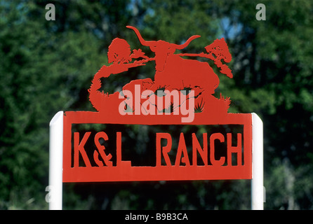 Wrought iron sign at entrance to ranch at Willow City Loop road in the ...