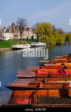 Punts moored at on the River Cam at Jesus Green, with houses along Chesterton Road in the background, Cambridge England Uk Stock Photo
