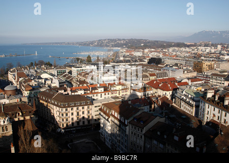 view over the center of geneva in the early evening from the tower of cathedral st pierre geneva switzerland Stock Photo