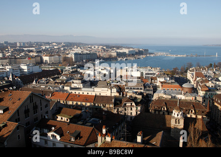 view over the center of geneva in the early evening from the tower of cathedral st pierre geneva switzerland Stock Photo