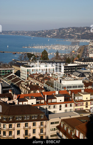 view over the center of geneva in the early evening from the tower of cathedral st pierre geneva switzerland Stock Photo